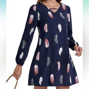 Women's Feather Print V Neck Long Sleeve A Line Above Knee Short Dress.
